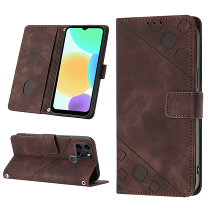 Brown embossed leather phone case with folio wallet, card slots, and kickstand