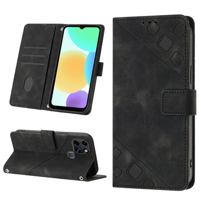 Black embossed leather phone case with folio wallet, card slots, and kickstand