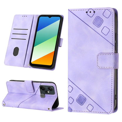Light purple embossed leather phone case with folio wallet, card slots, and kickstand