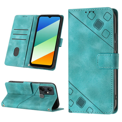 Teal embossed leather phone case with folio wallet, card slots, and kickstand