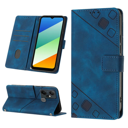 Blue embossed leather phone case with folio wallet and kickstand view