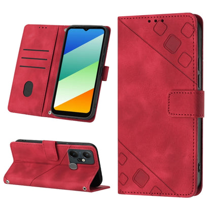 Red embossed leather phone case with folio wallet and kickstand view