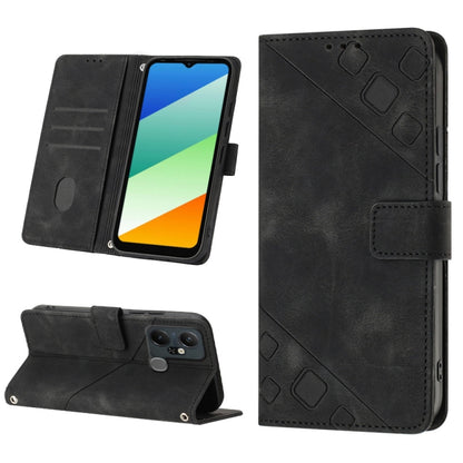 Black embossed leather phone case with folio wallet and kickstand view