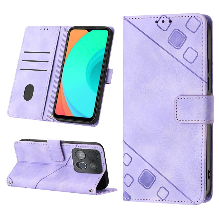 Light purple embossed leather phone case with folio stand, card slots, and geometric pattern