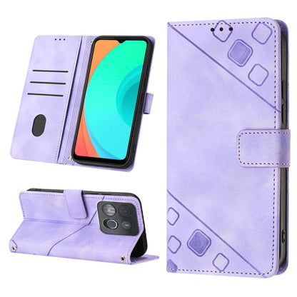 Light purple embossed leather phone case with folio stand, card slots, and geometric pattern