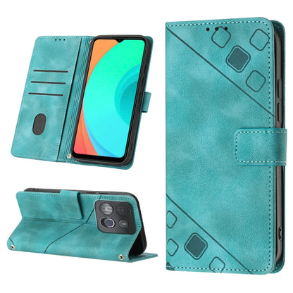Teal embossed leather phone case with folio stand, card slots, and geometric pattern