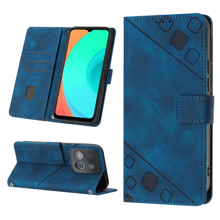 Blue embossed leather phone case with folio stand, card slots, and geometric pattern