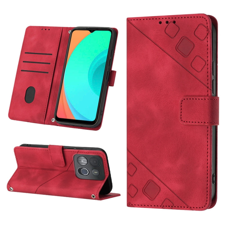 Red embossed leather phone case with folio stand, card slots, and geometric pattern