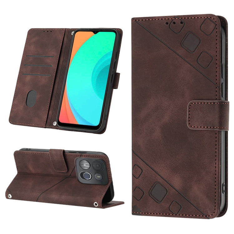 Brown embossed leather phone case with folio stand, card slots, and geometric pattern