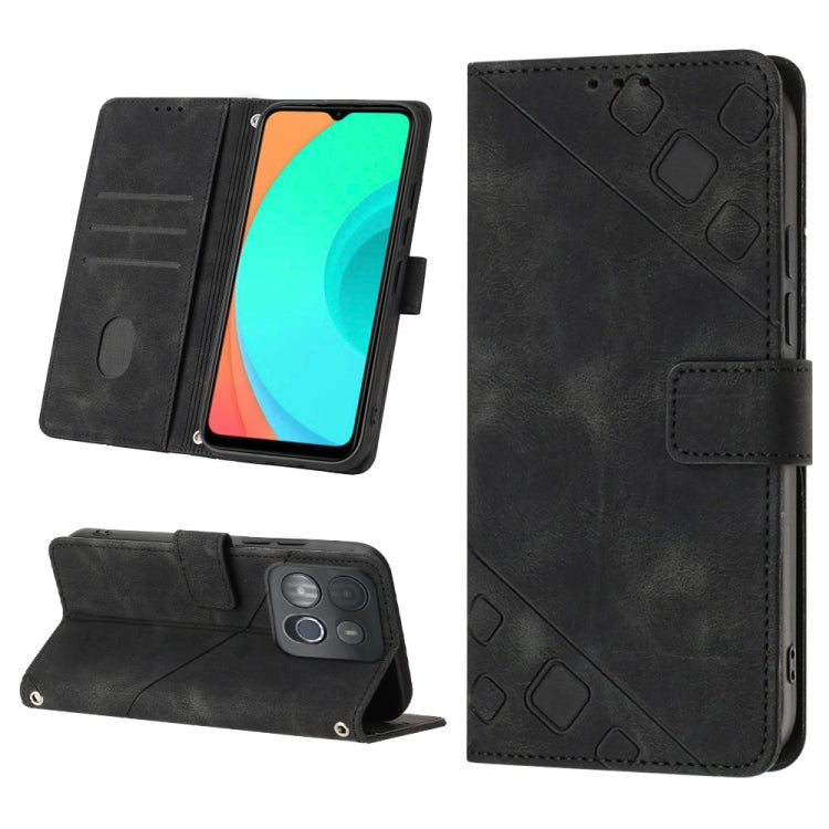 Black embossed leather phone case with folio stand, card slots, and geometric pattern