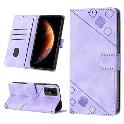 Light purple embossed leather phone case with folio stand, card slots, and geometric pattern