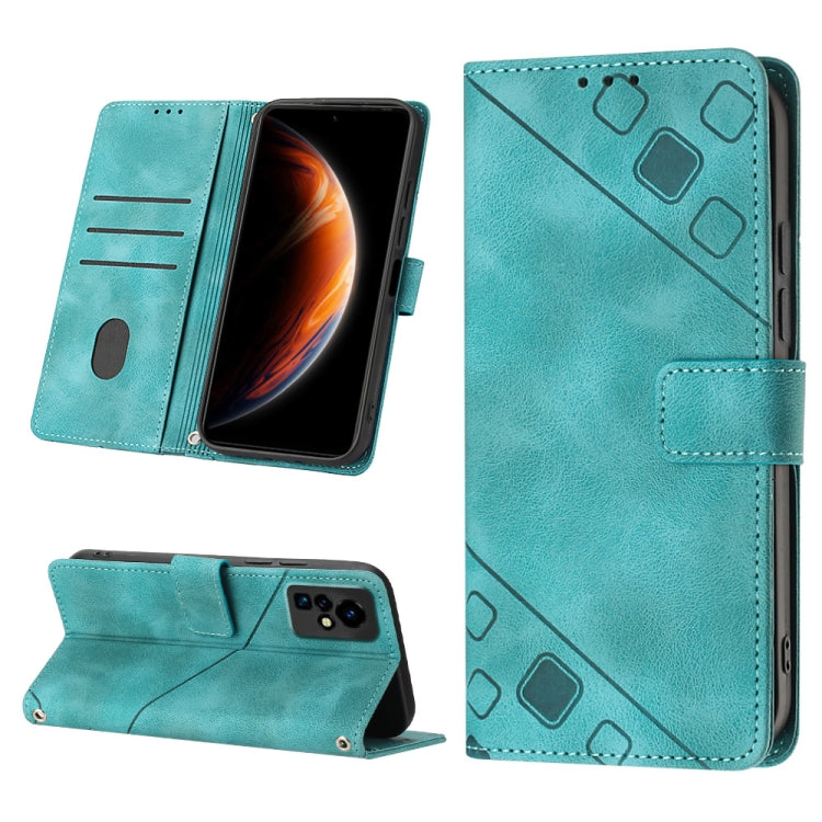 Teal embossed leather phone case with folio stand, card slots, and geometric pattern
