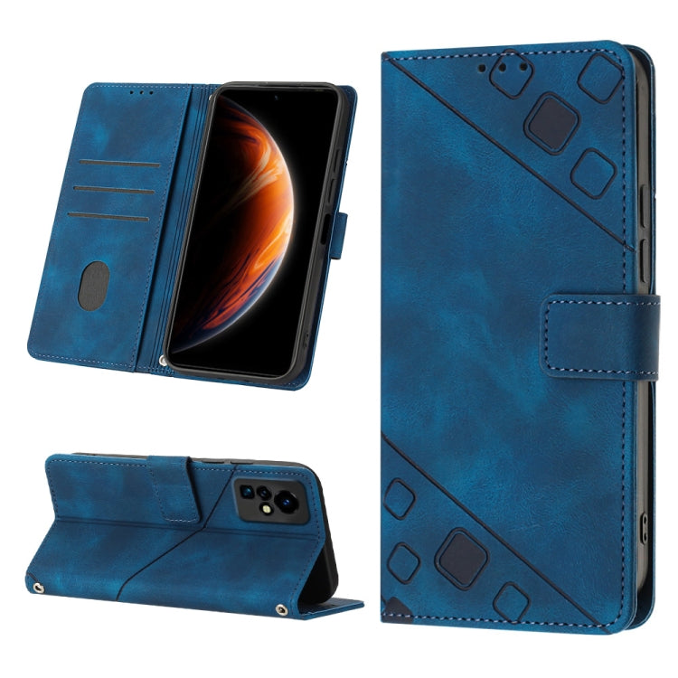 Blue embossed leather phone case with folio stand, card slots, and geometric pattern