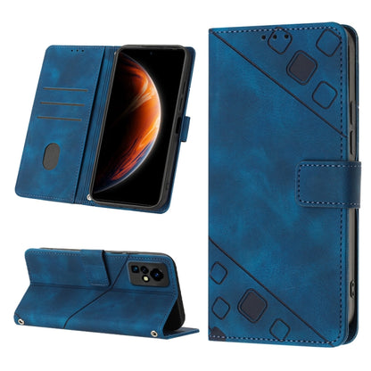 Blue embossed leather phone case with folio stand, card slots, and geometric pattern