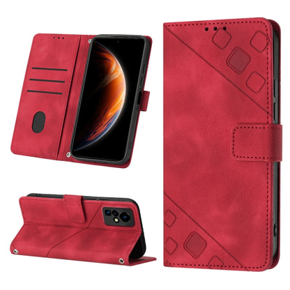 Red embossed leather phone case with folio stand, card slots, and geometric pattern