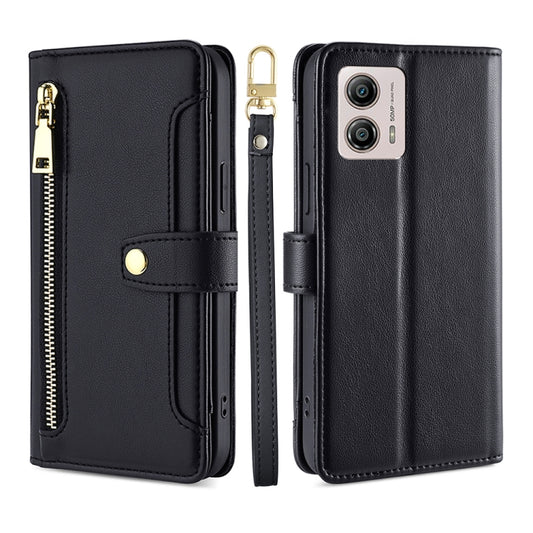 Black leather cross-body wallet phone case with front zipper and snap strap
