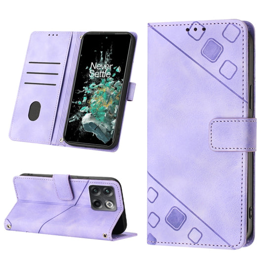 Light purple embossed leather phone case with folio wallet, card slots, and kickstand.