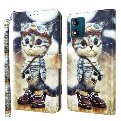 3D painted leather phone wallet case with cute cat graphic, front/back view, wrist strap