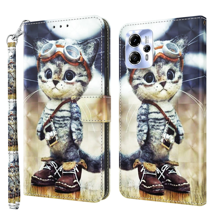 3D painted leather phone wallet case with cute cat graphic, front/back view and strap