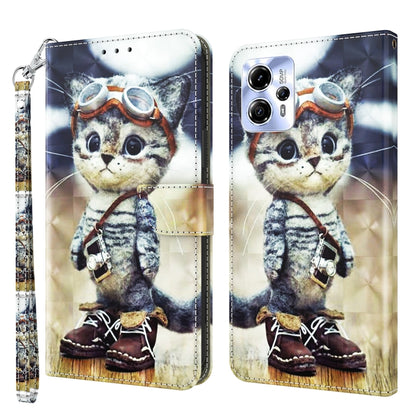 3D painted leather phone wallet case with cute cat graphic, front/back view and strap