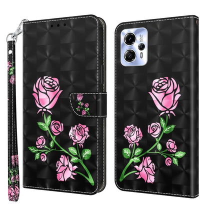 3D painted leather phone case with pink roses and green leaves on black textured leather