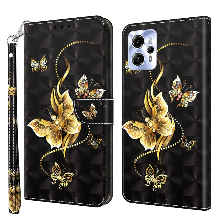 Black leather-look phone case with gold butterflies and floral 3D artwork; card slot