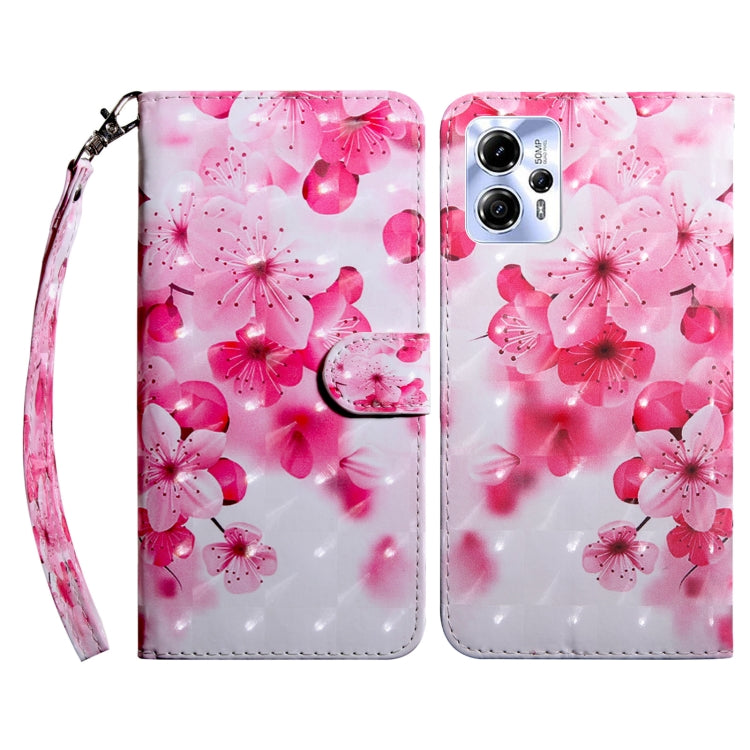 3D painted leather phone case with pink blossom pattern and wrist strap