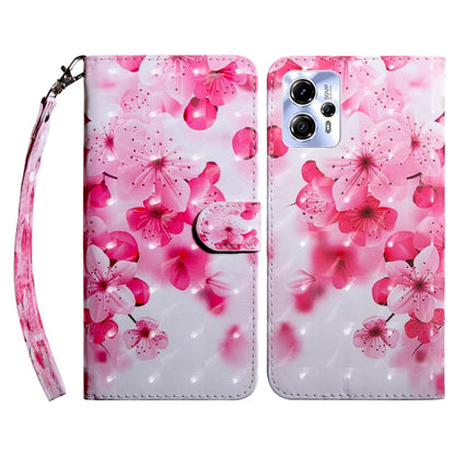 3D painted leather phone case with pink blossom pattern and wrist strap