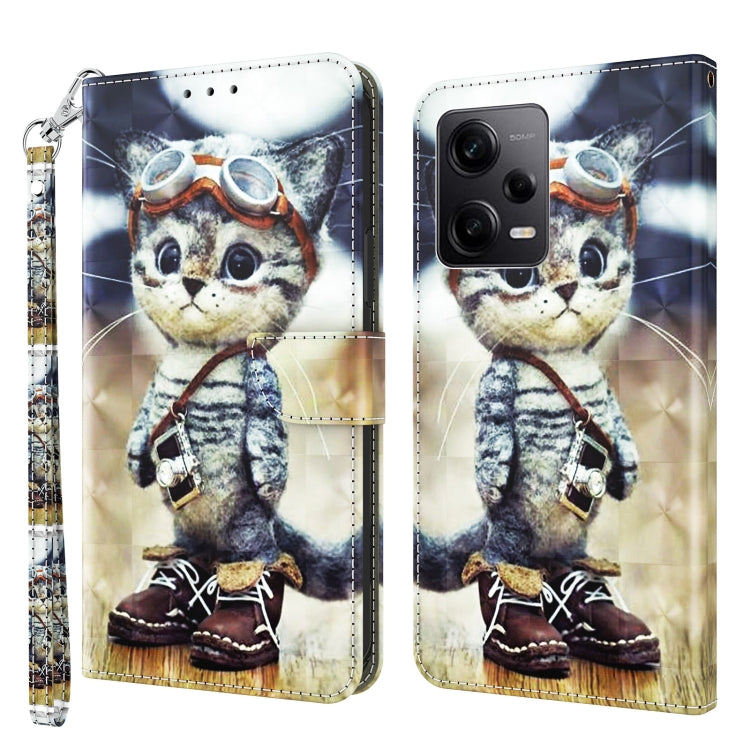3D painted leather phone wallet case with cat graphic, back camera cutouts and strap