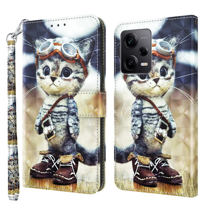 3D painted leather phone wallet case with cat graphic, back camera cutouts and strap
