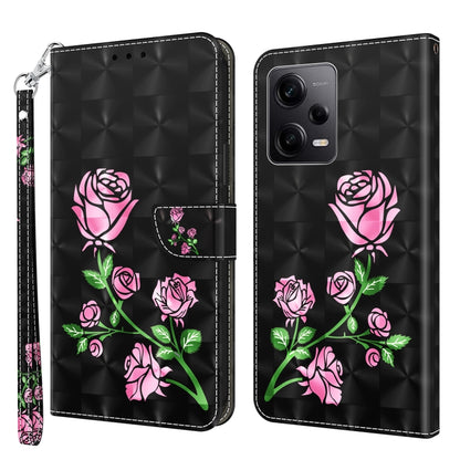 3D painted leather phone case with pink roses and green stems, slim wallet style