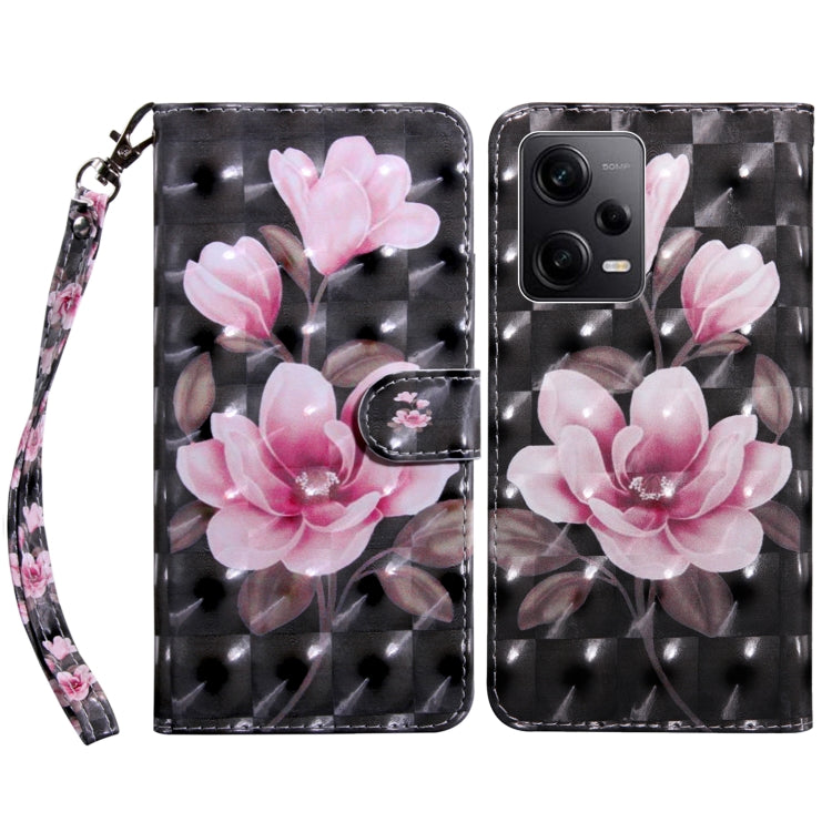 Black leather-look phone case with pink flowers 3D print and wrist strap; card pocket