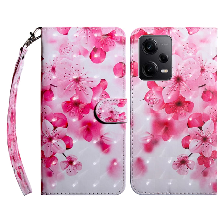 3D painted leather phone case with pink blossom pattern, showing back camera cutouts