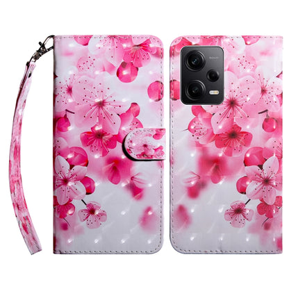 3D painted leather phone case with pink blossom pattern, showing back camera cutouts