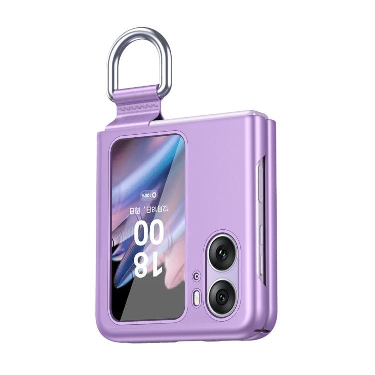 Purple ring-buckle flip phone case with dual camera cutouts