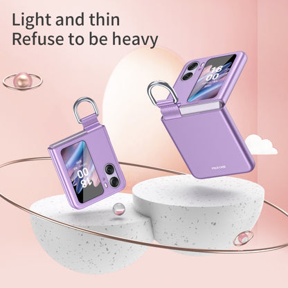 Purple ring-buckle flip phone cases with key-ring straps on stands
