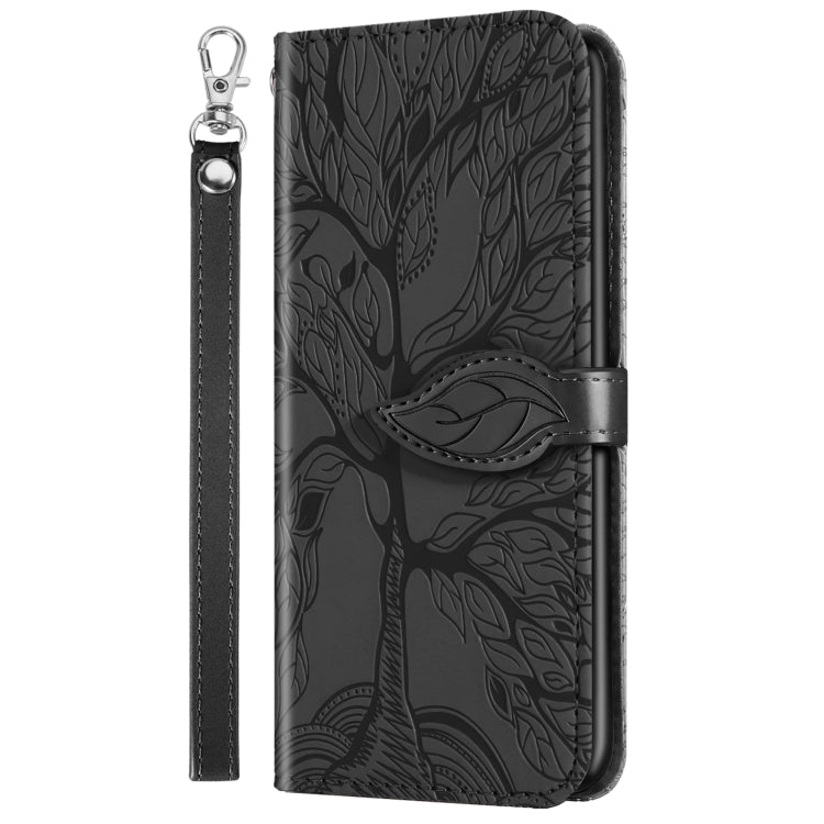 Black embossed leaf pattern wallet phone case with long wrist strap and magnetic flip cover