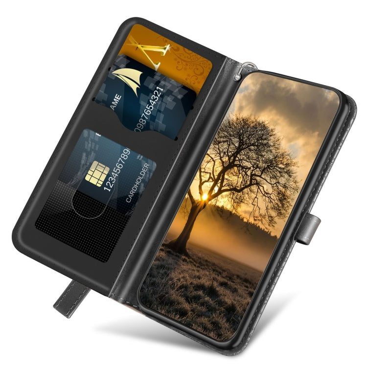 Black flip wallet phone case showing card slot area and side strap attachment