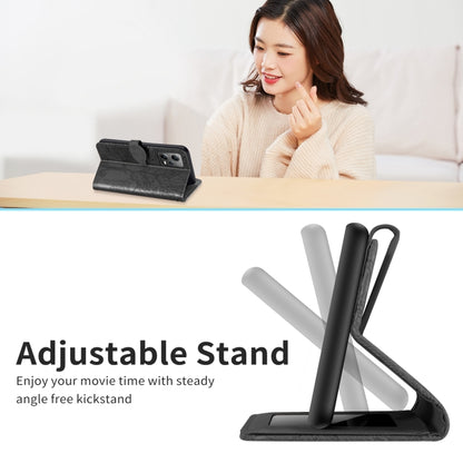 Black flip phone case displayed with adjustable stand for viewing angle support