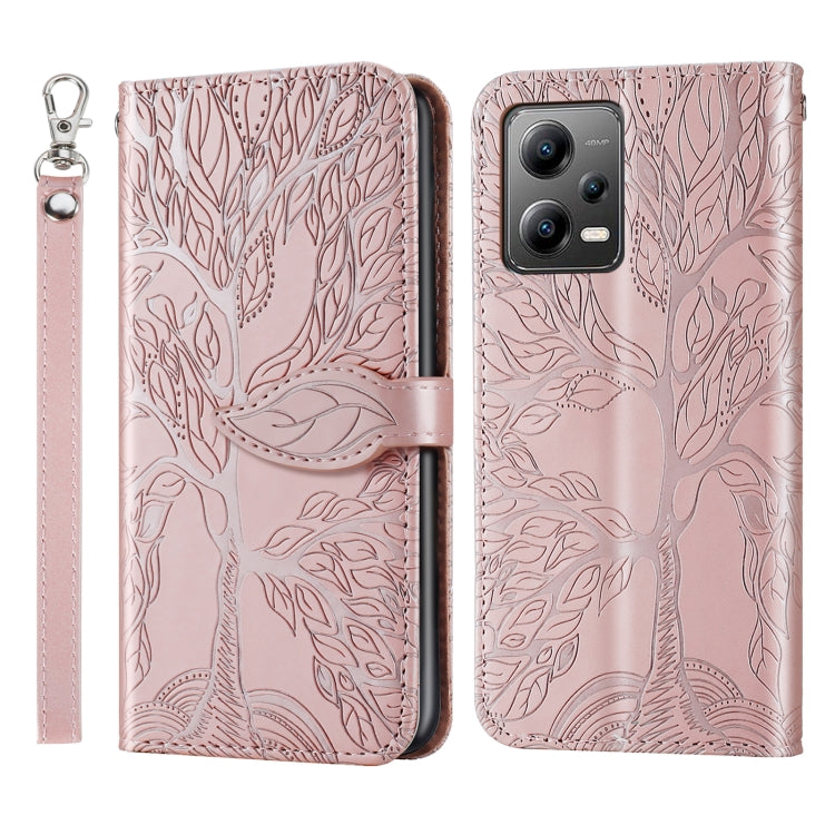 Leather phone case with embossed tree pattern, rose pink, with wrist strap