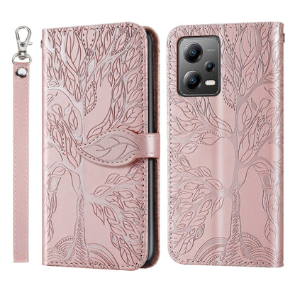 Leather phone case with embossed tree pattern, rose pink, with wrist strap
