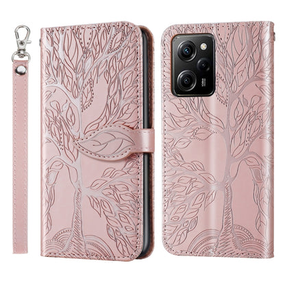 Leather phone case with embossed tree pattern, rose pink, camera cutouts and wrist strap