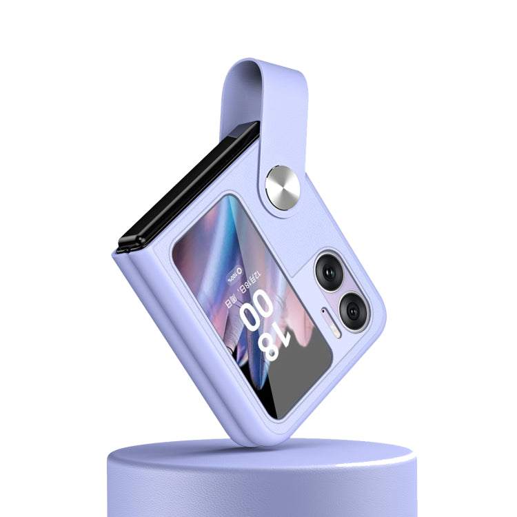 Purple leather-style phone case with hand strap and camera cutouts for OPPO Find N2 Flip