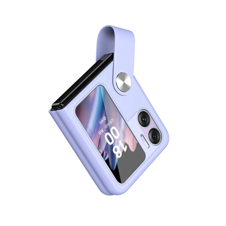 Light purple leather-style phone case with hand strap, window front, and dual camera cutouts