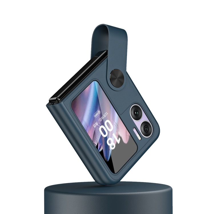 Dark blue leather-style phone case with hand strap and circular camera ring details
