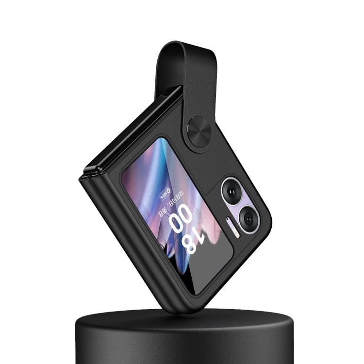 Black leather-style phone case with hand strap and dual camera cutouts for flip phone