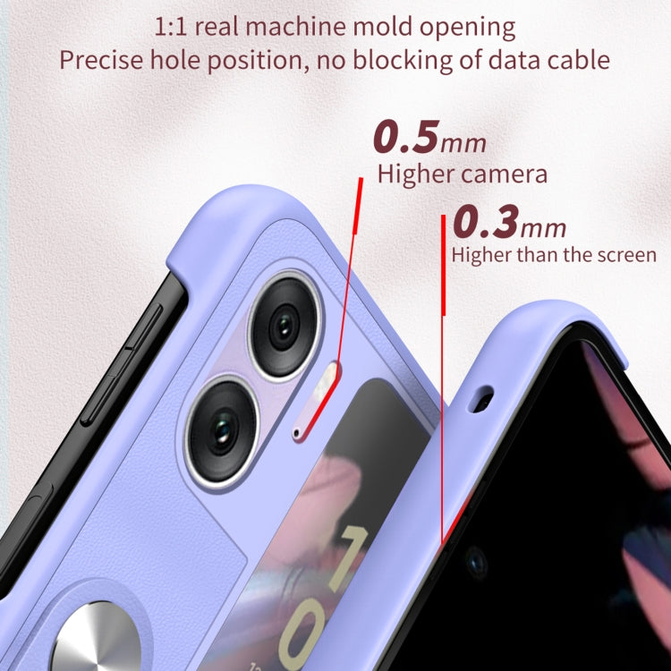 Purple leather-style phone case close-up showing camera openings and side cutouts