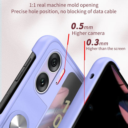 Purple leather-style phone case close-up showing camera openings and side cutouts