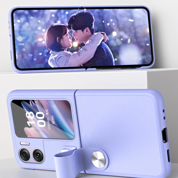Light purple phone case with hand strap, front window, and side button cutouts