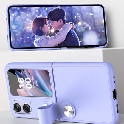 Light purple phone case with hand strap, front window, and side button cutouts